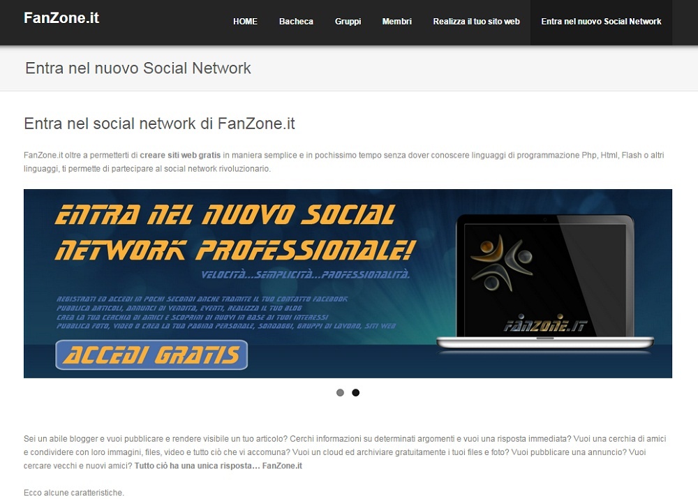 Sito social network Fanzone.it. Crea il tuo sito web gratis e partecipa al social network